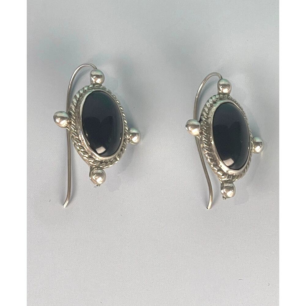 Taxco Mexico 925 Sterling Onyx Rope Bead Drop Hook Earrings 11.5g - Picture 2 of 7